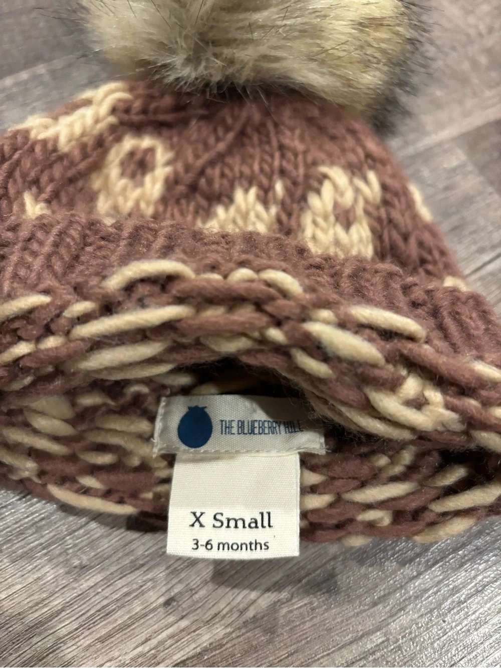 Kids Knit Pom Beanie in Brown with Cream Leopard Accent